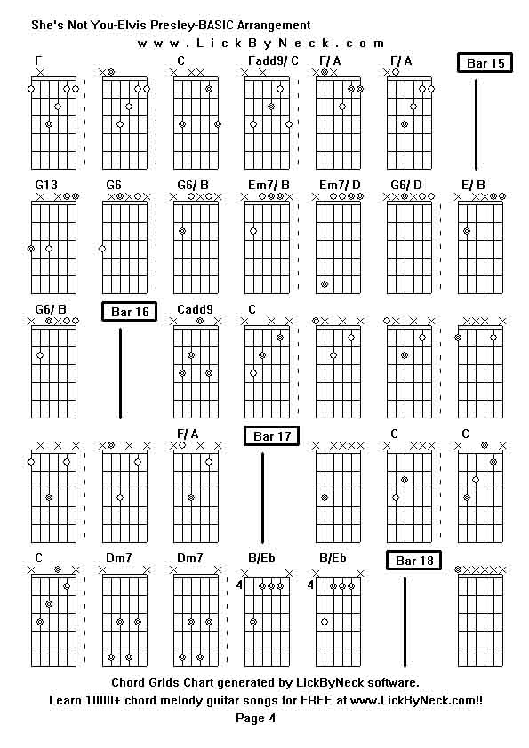 Chord Grids Chart of chord melody fingerstyle guitar song-She's Not You-Elvis Presley-BASIC Arrangement,generated by LickByNeck software.